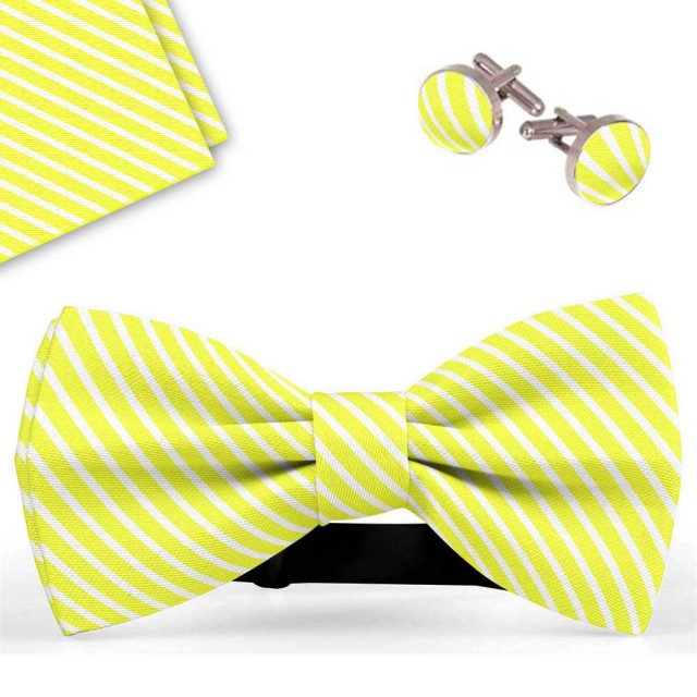 Set papion barbati, batista, butoni, galben, dungi albe subtiri